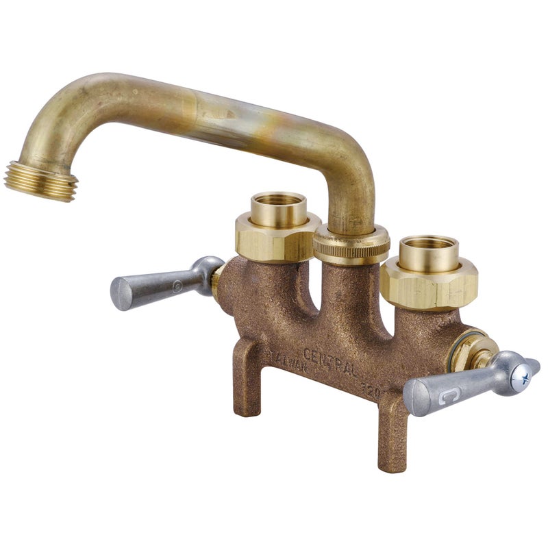 Central Brass Two Handle Laundry Faucet Heavy Duty Rough Brass 6" Wall Mounted Reach Tube Swivel Spout, 0465 - Image 1